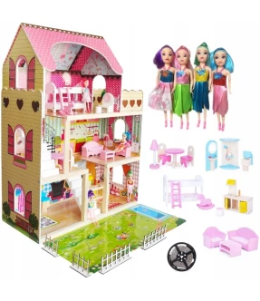 Medinis Lėlių Namas su LED apšvietimu + DOVANA lėlytės